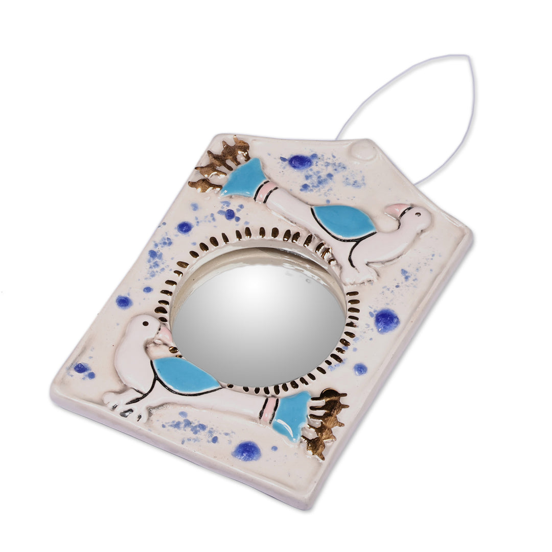 Bird-Themed Ivory Ceramic Wall Accent Mirror from Armenia - Ivory Wonder
