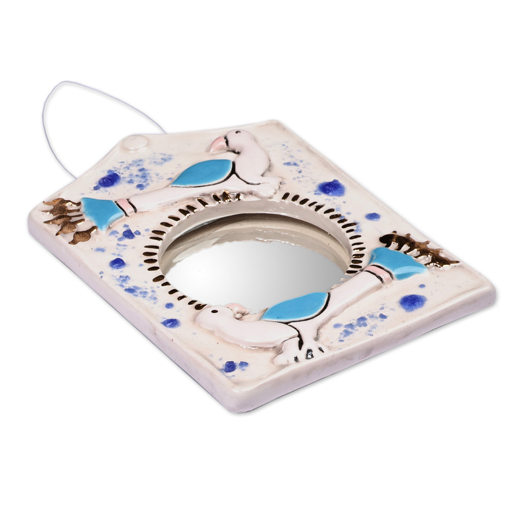 Bird-Themed Ivory Ceramic Wall Accent Mirror from Armenia - Ivory Wonder