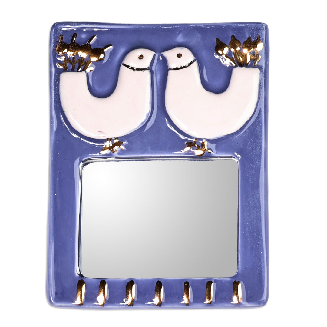 Bird-Themed Azure and Golden Ceramic Wall Accent Mirror - Reflected Kiss
