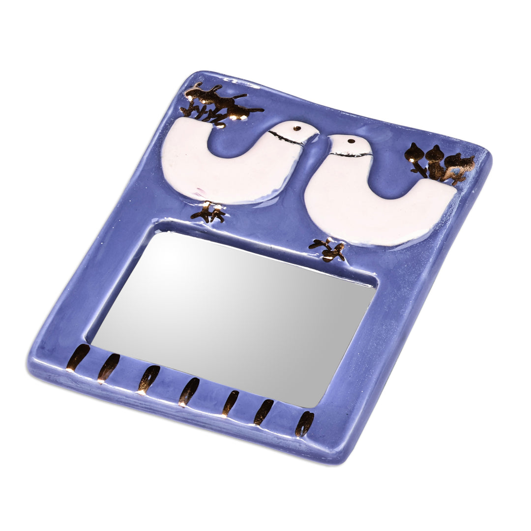 Bird-Themed Azure and Golden Ceramic Wall Accent Mirror - Reflected Kiss