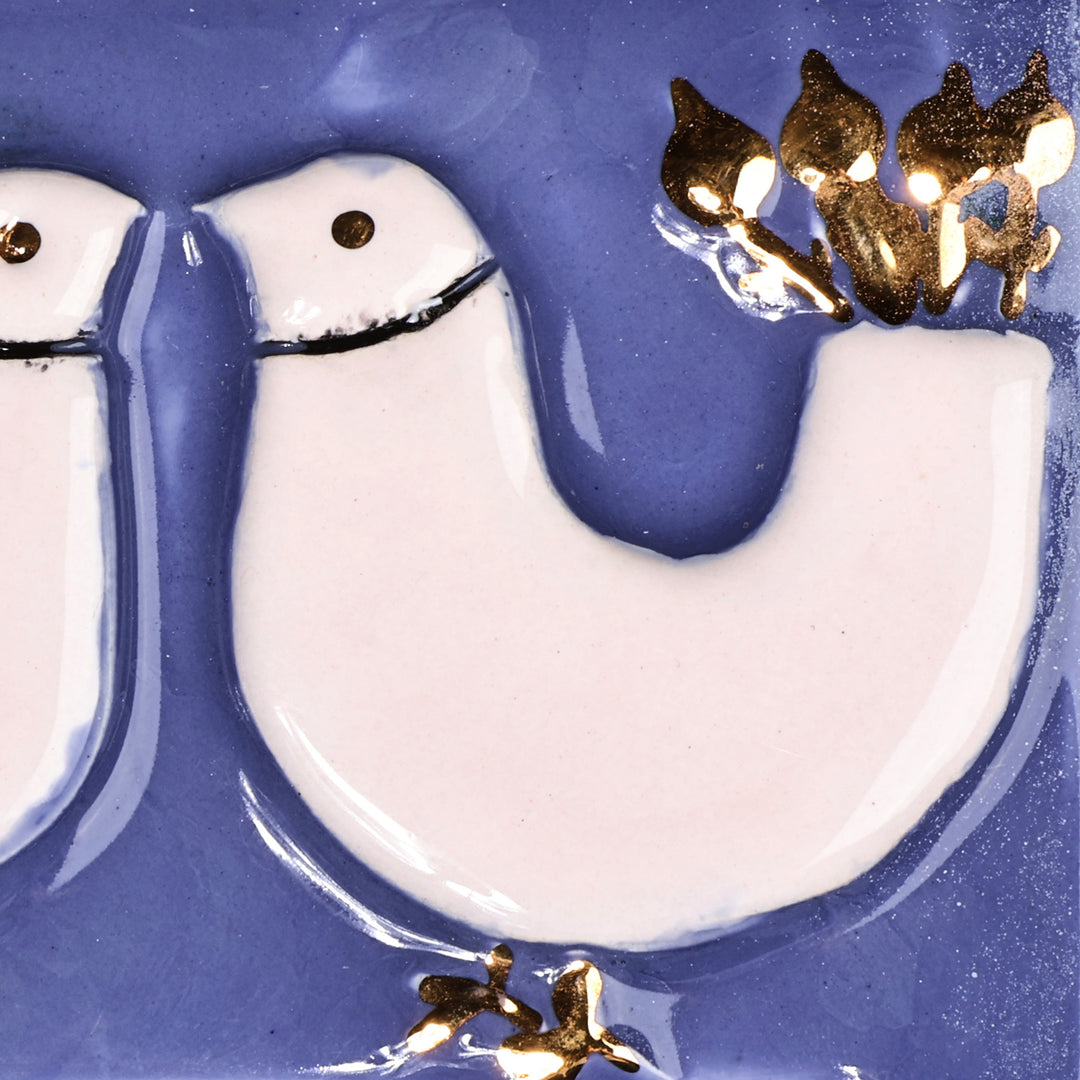 Bird-Themed Azure and Golden Ceramic Wall Accent Mirror - Reflected Kiss