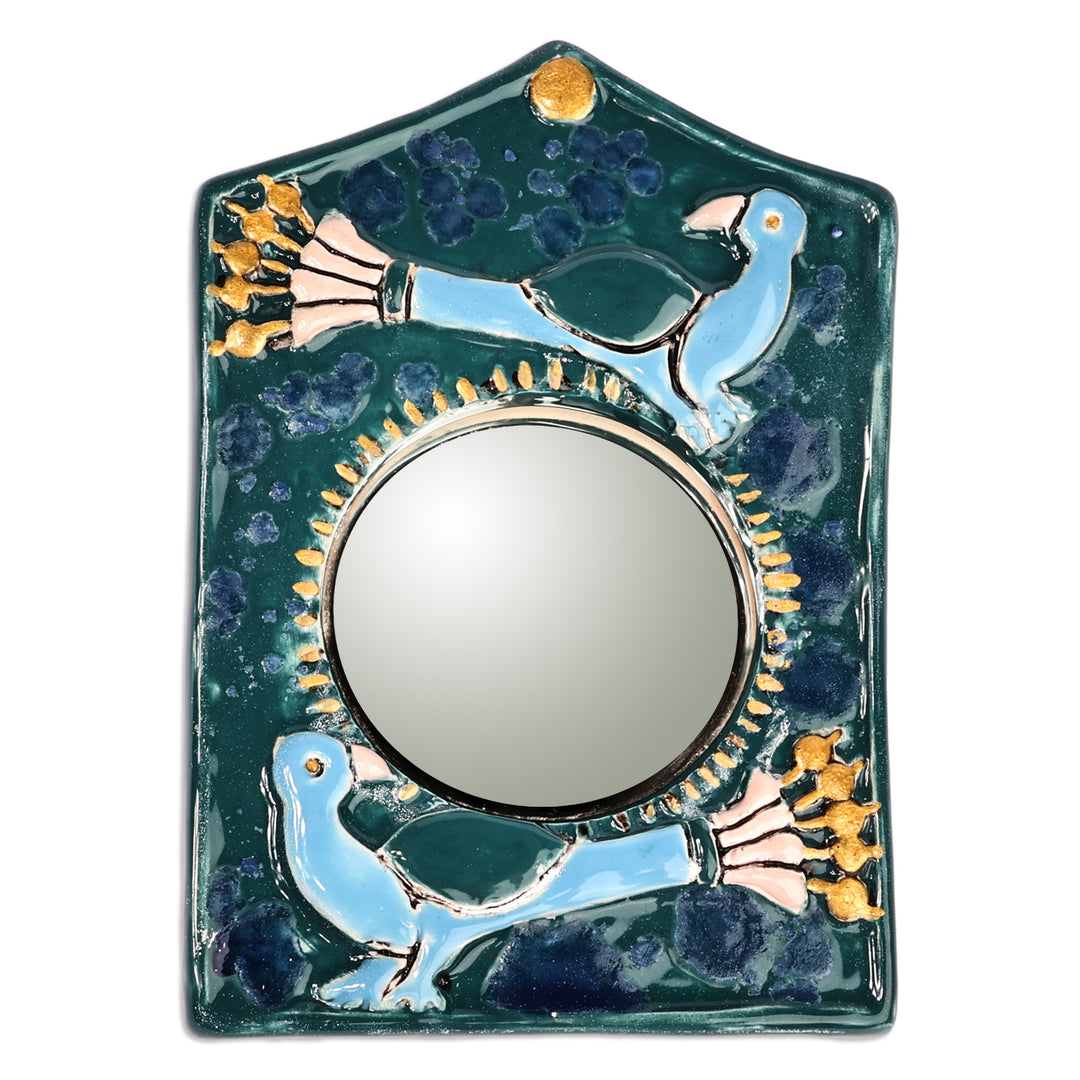 Bird-Themed Blue Ceramic Wall Accent Mirror from Armenia - Blue Wonder