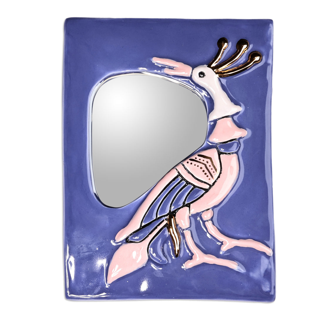 Hand-Painted Bird-Themed Blue Ceramic Wall Accent Mirror - Reflection Feathers in Blue