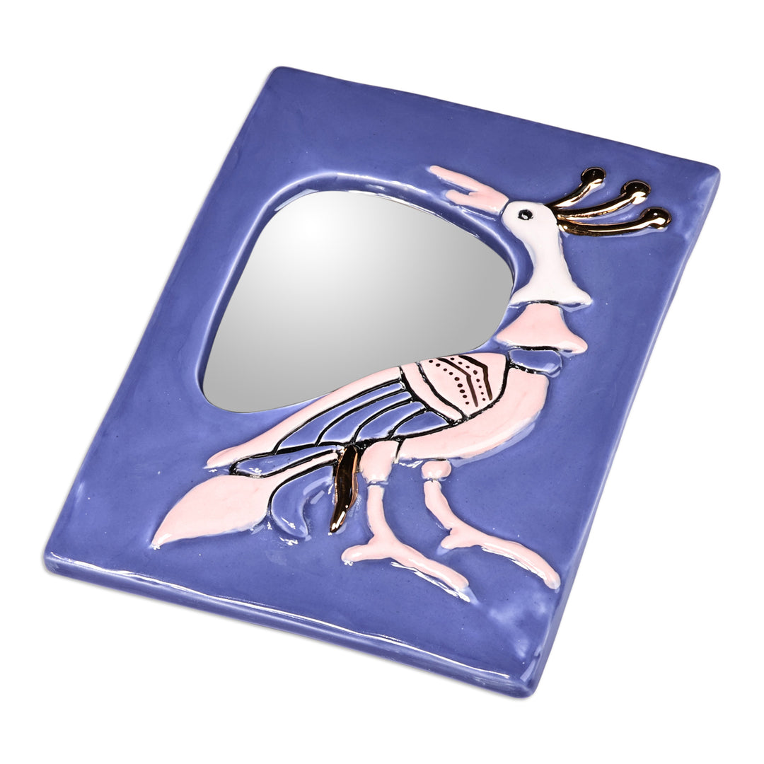 Hand-Painted Bird-Themed Blue Ceramic Wall Accent Mirror - Reflection Feathers in Blue