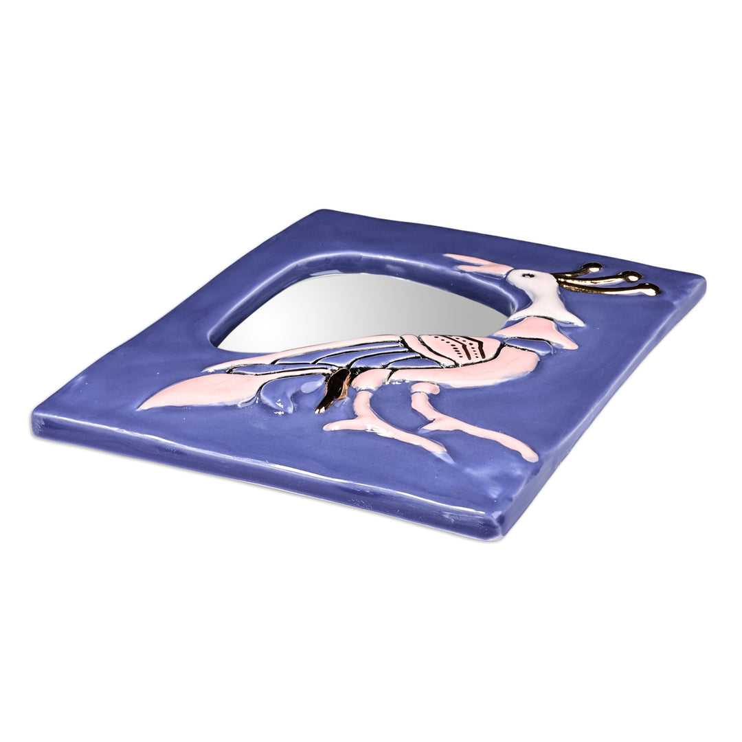 Hand-Painted Bird-Themed Blue Ceramic Wall Accent Mirror - Reflection Feathers in Blue