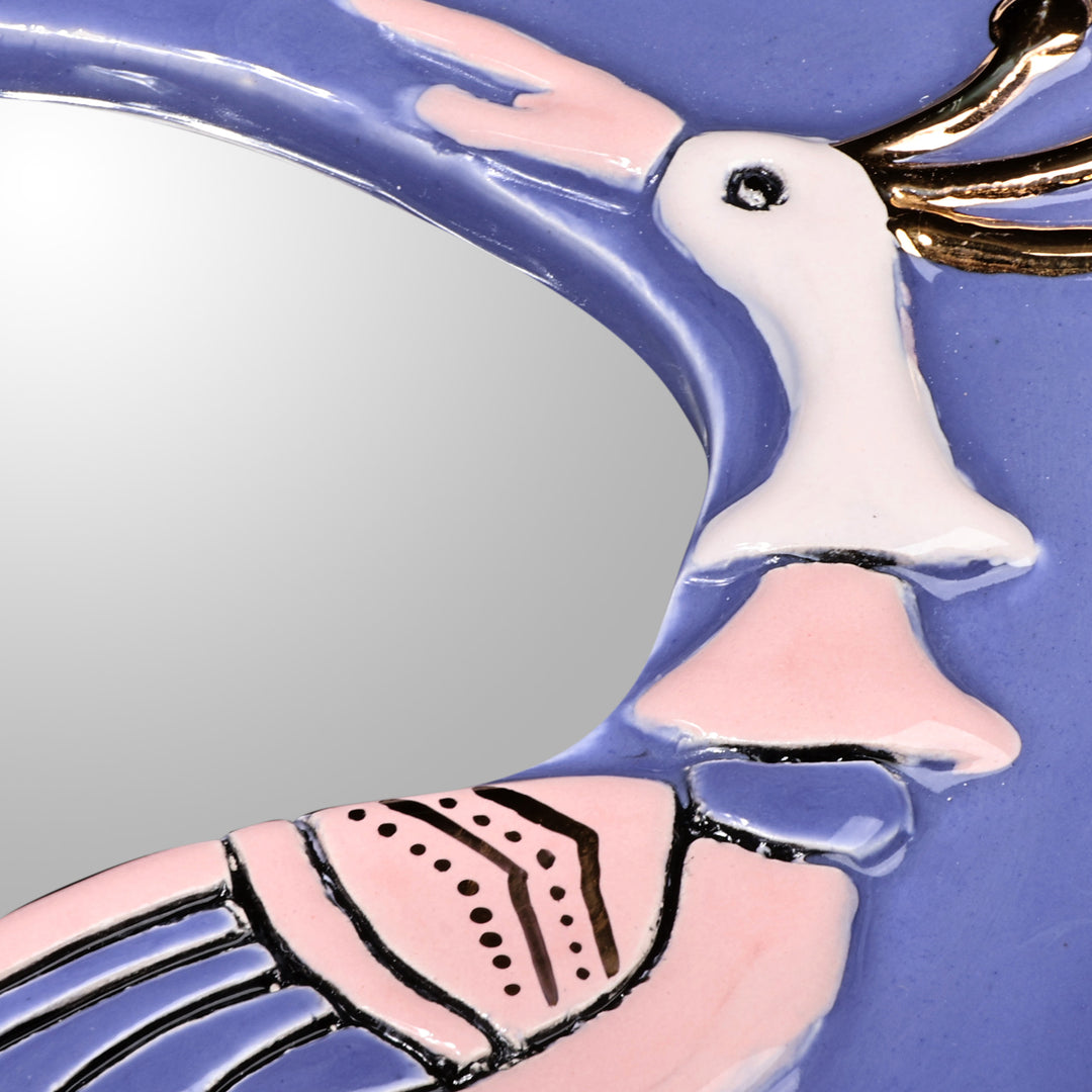 Hand-Painted Bird-Themed Blue Ceramic Wall Accent Mirror - Reflection Feathers in Blue
