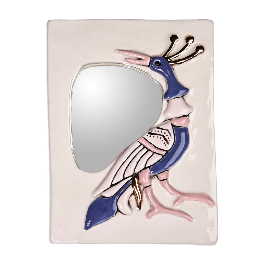 Hand-Painted Bird-Themed Ivory Ceramic Wall Accent Mirror - Reflection Feathers in Ivory