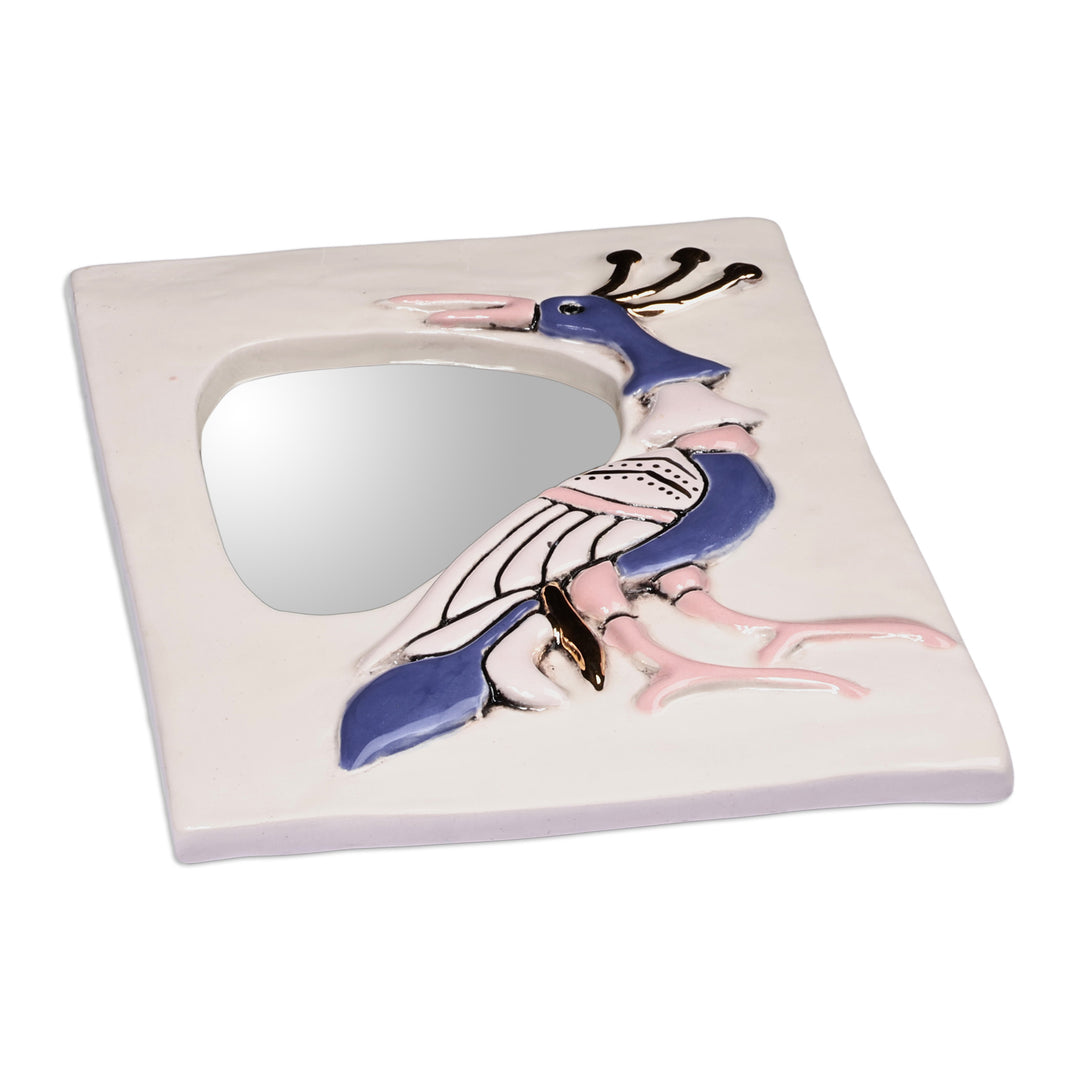 Hand-Painted Bird-Themed Ivory Ceramic Wall Accent Mirror - Reflection Feathers in Ivory