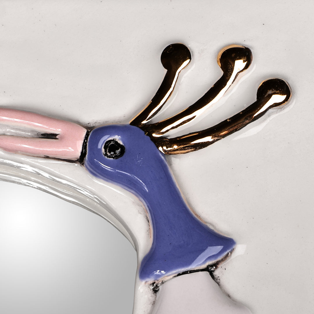 Hand-Painted Bird-Themed Ivory Ceramic Wall Accent Mirror - Reflection Feathers in Ivory