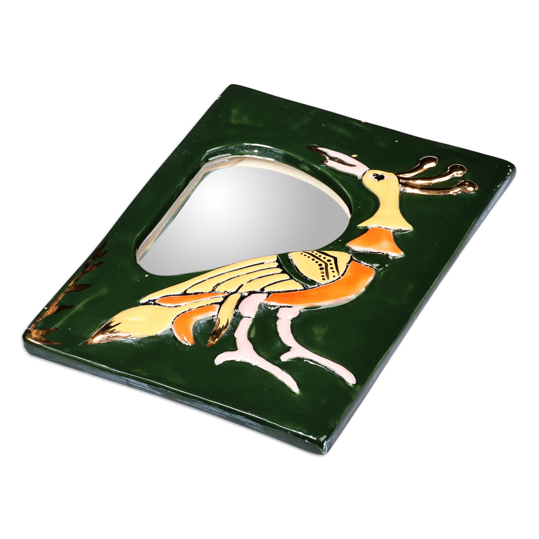 Painted Bird-Themed Dark Green Ceramic Wall Accent Mirror - Reflection Feathers in Green