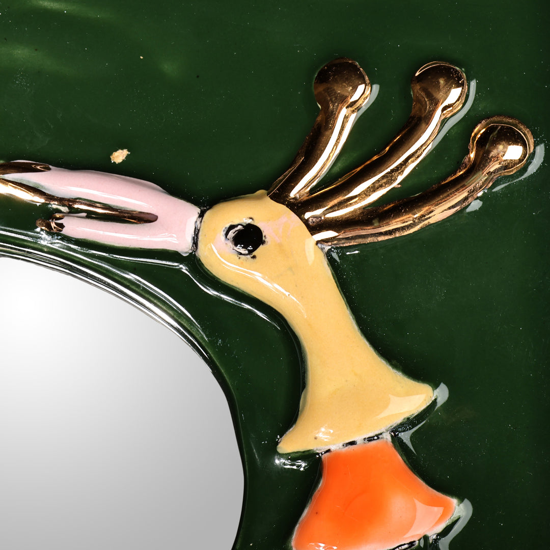 Painted Bird-Themed Dark Green Ceramic Wall Accent Mirror - Reflection Feathers in Green