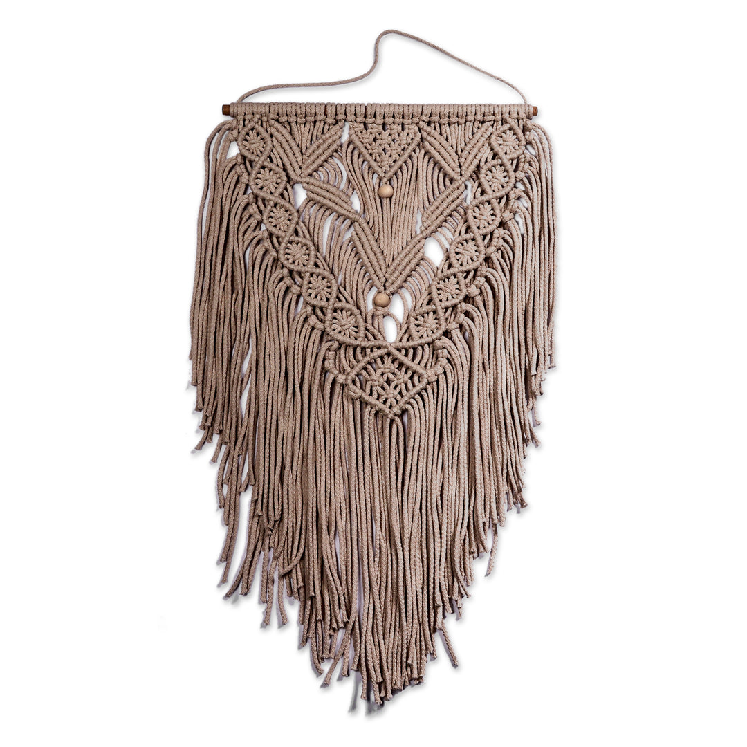 Traditional Handwoven Beige Cotton Macrame Wall Hanging - Beige Tales