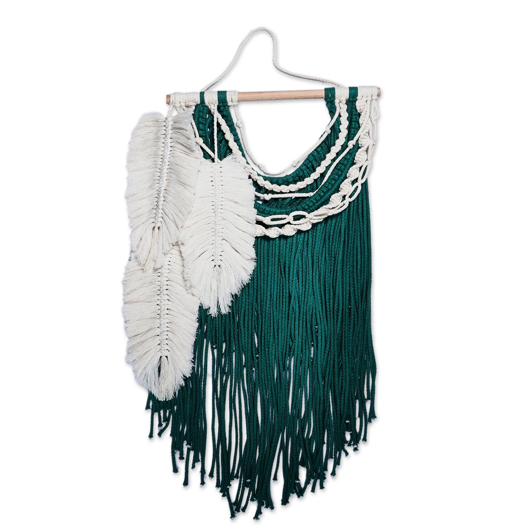 Feather-Themed Teal and Ivory Cotton Macrame Wall Hanging - Royal Feathers
