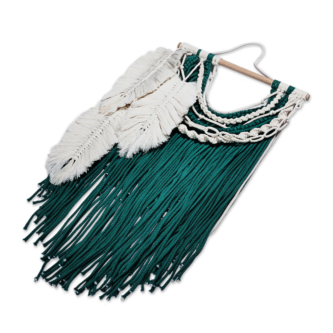 Feather-Themed Teal and Ivory Cotton Macrame Wall Hanging - Royal Feathers