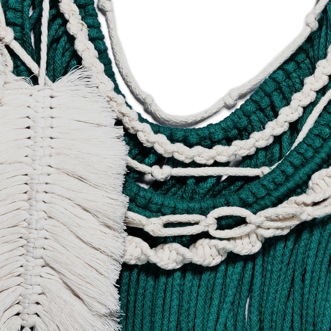 Feather-Themed Teal and Ivory Cotton Macrame Wall Hanging - Royal Feathers