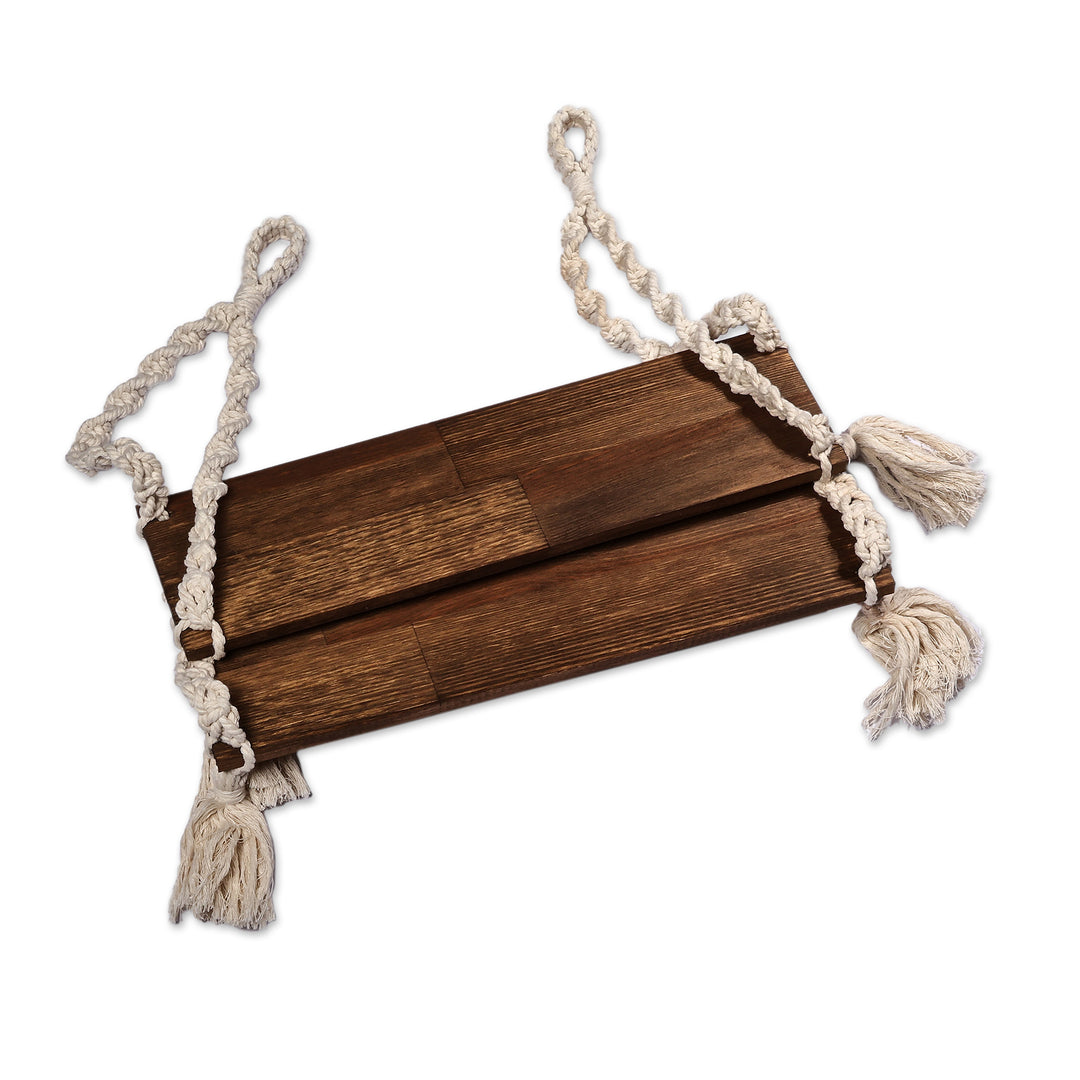 Ivory Cotton and Dark Brown Beechwood Macrame Hanging Shelf - Ivory Home