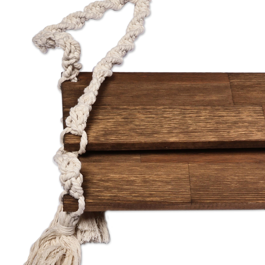 Ivory Cotton and Dark Brown Beechwood Macrame Hanging Shelf - Ivory Home
