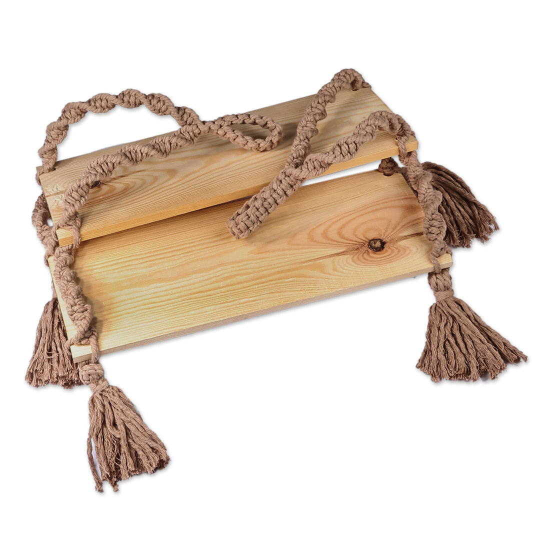 Taupe Cotton and Beechwood Macrame Hanging Shelf - Taupe Home