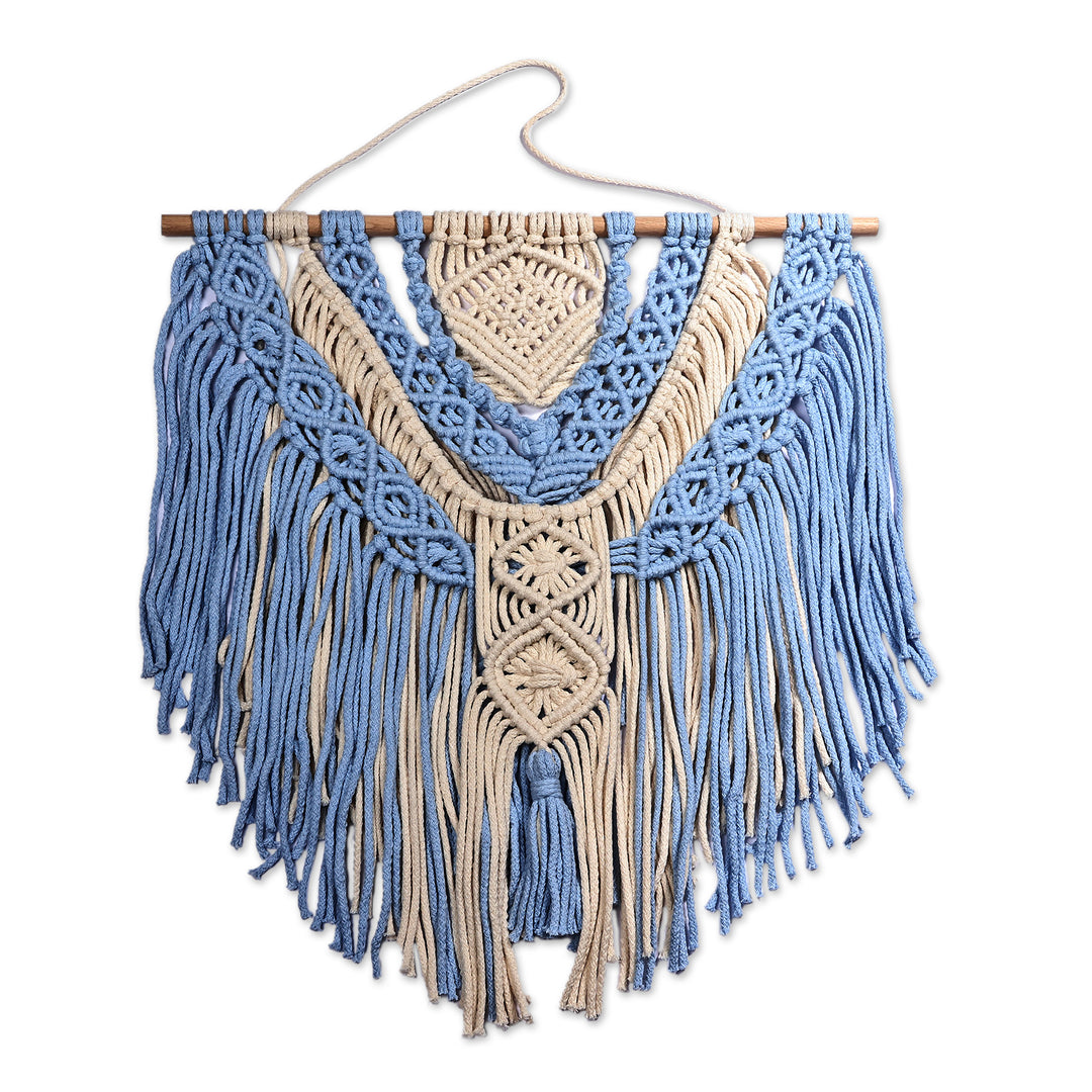 Handwoven Blue and Ivory Cotton Macrame Wall Hanging - Heavenly Standard