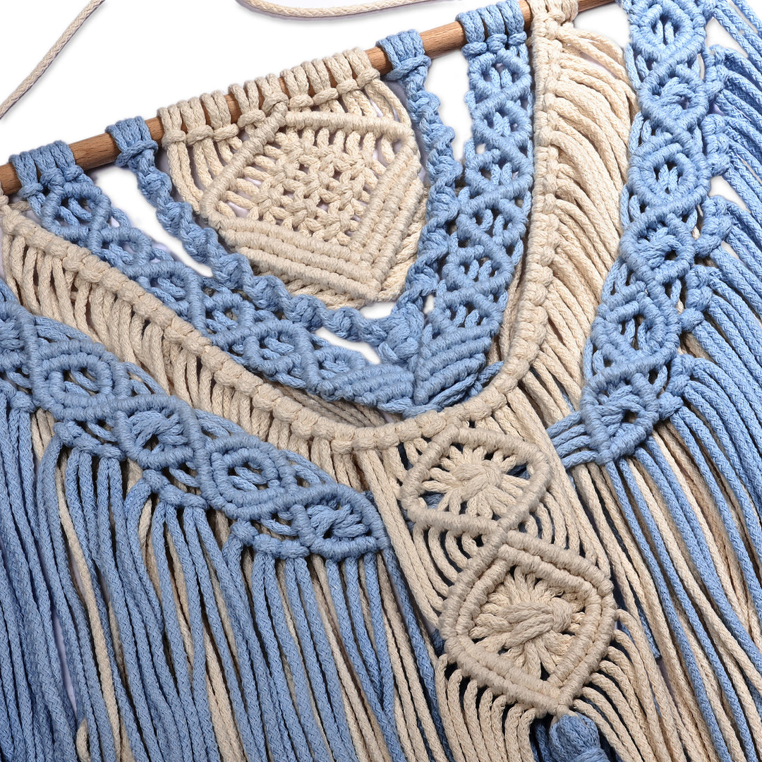 Handwoven Blue and Ivory Cotton Macrame Wall Hanging - Heavenly Standard