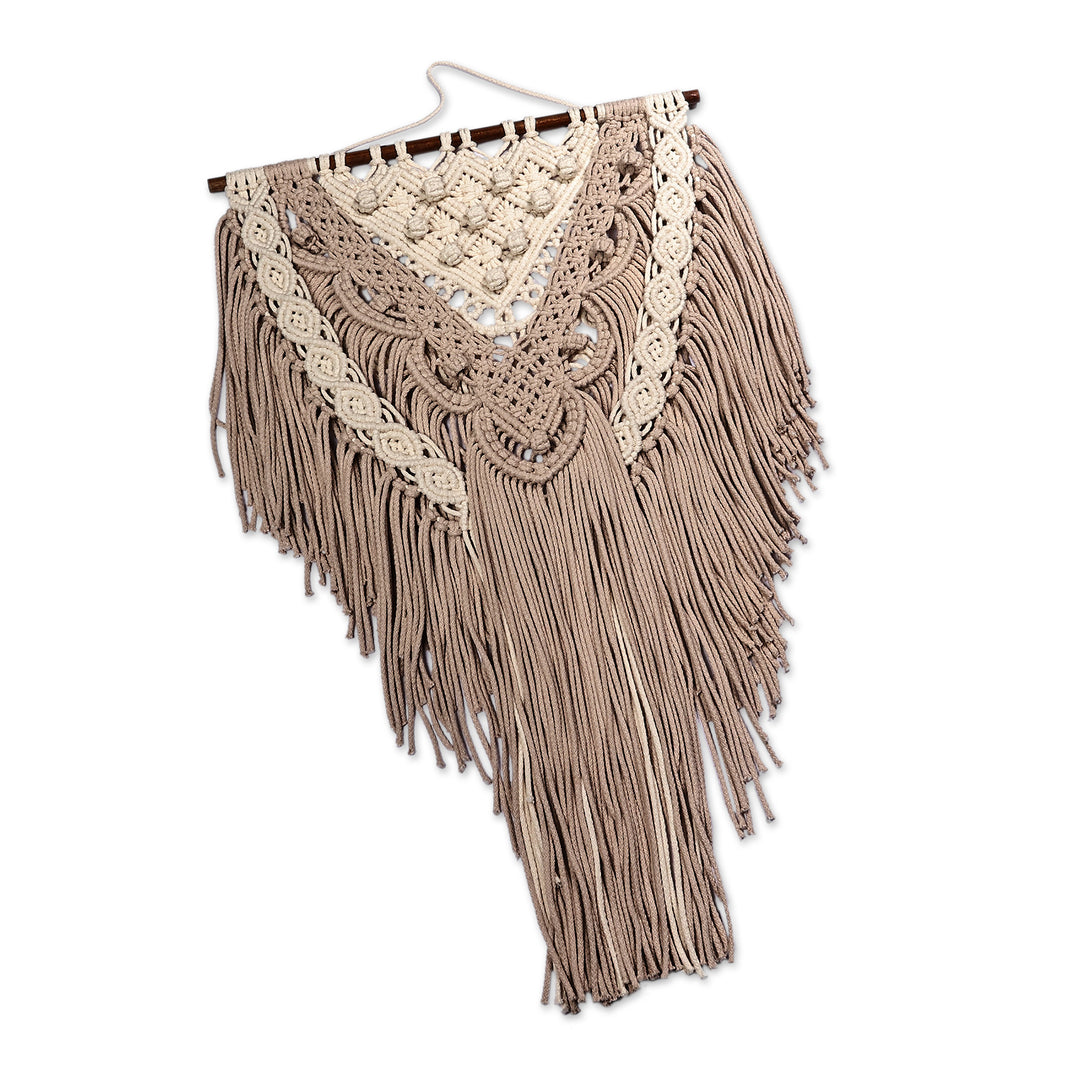 Handwoven Beige and Ivory Cotton Macrame Wall Hanging - Woven Heritage