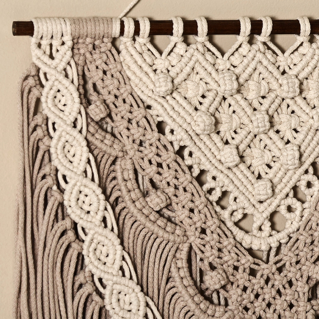 Handwoven Beige and Ivory Cotton Macrame Wall Hanging - Woven Heritage