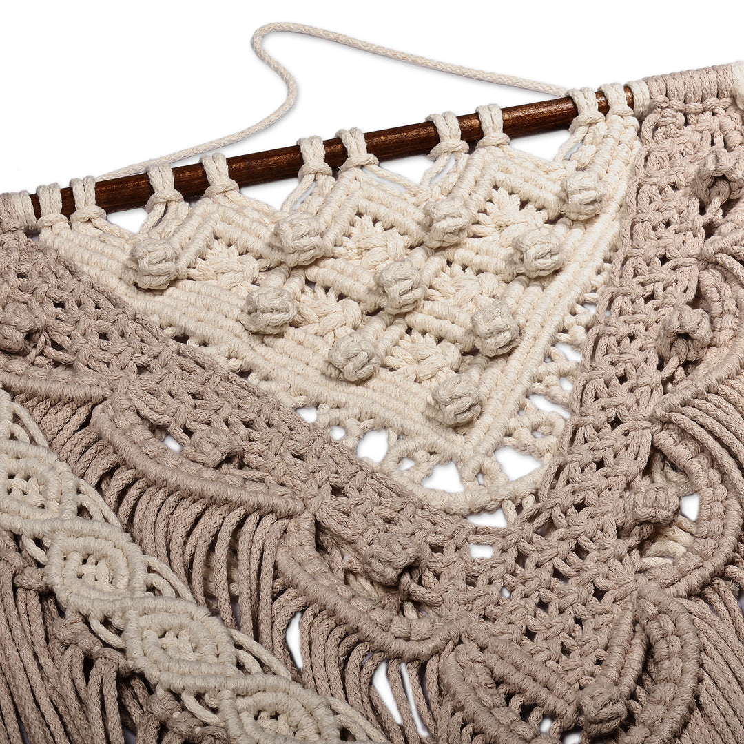 Handwoven Beige and Ivory Cotton Macrame Wall Hanging - Woven Heritage