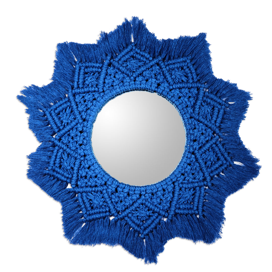 Handwoven Star-Shaped Blue Cotton Macrame Wall Accent Mirror - Blue Frontier