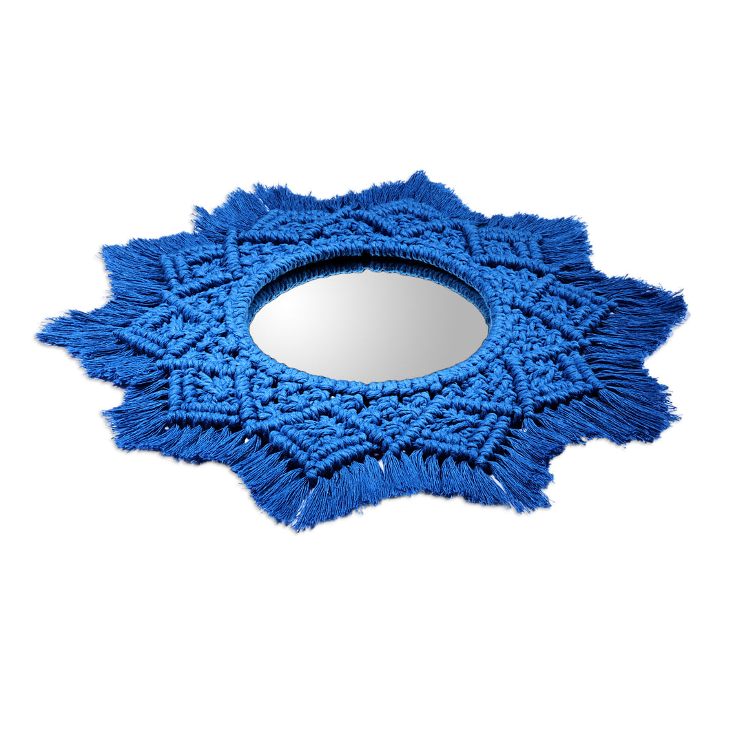 Handwoven Star-Shaped Blue Cotton Macrame Wall Accent Mirror - Blue Frontier