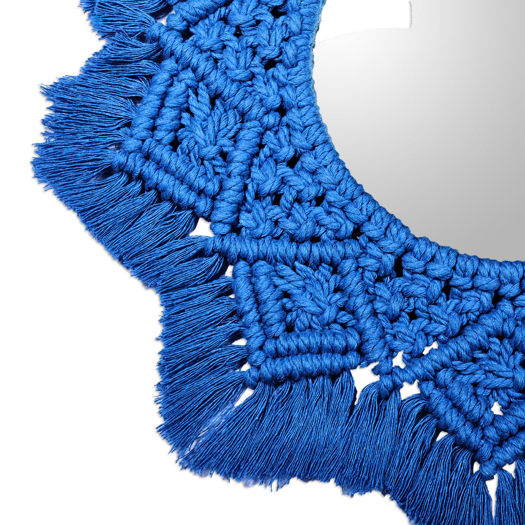 Handwoven Star-Shaped Blue Cotton Macrame Wall Accent Mirror - Blue Frontier