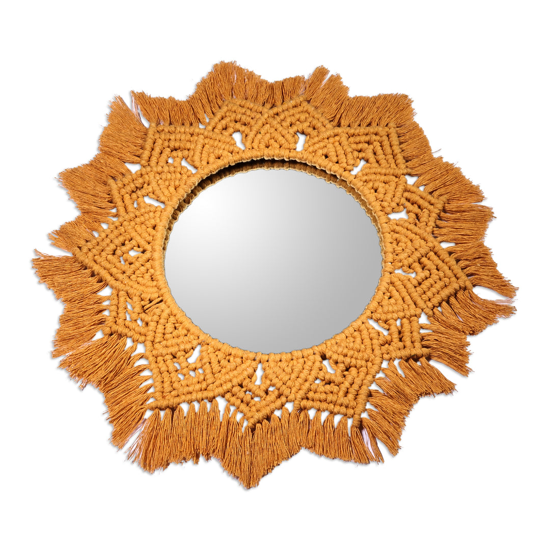 Handwoven Floral Yellow Cotton Macrame Wall Accent Mirror - Prosperous Reflection