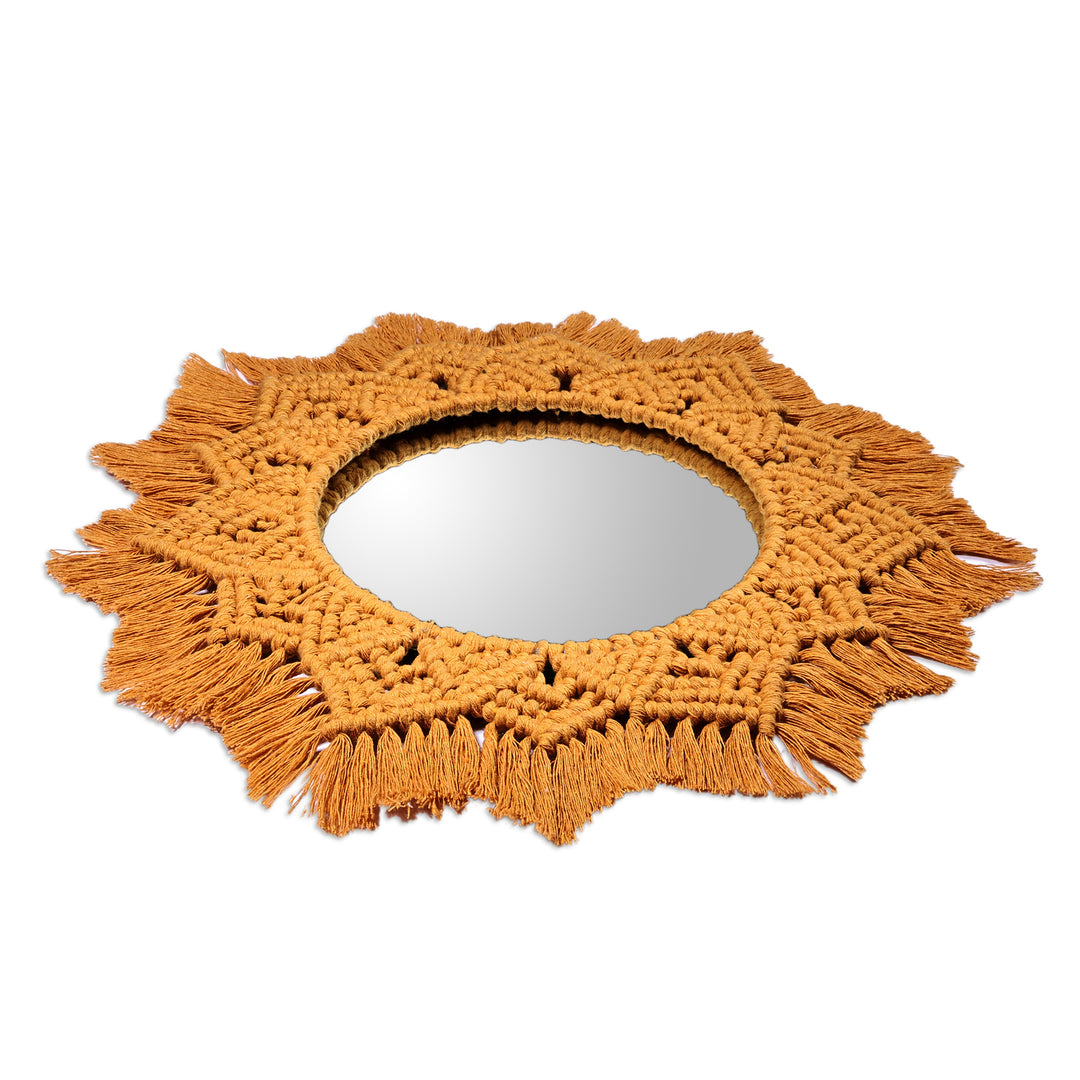 Handwoven Floral Yellow Cotton Macrame Wall Accent Mirror - Prosperous Reflection