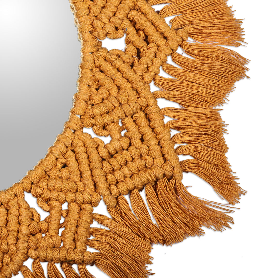 Handwoven Floral Yellow Cotton Macrame Wall Accent Mirror - Prosperous Reflection