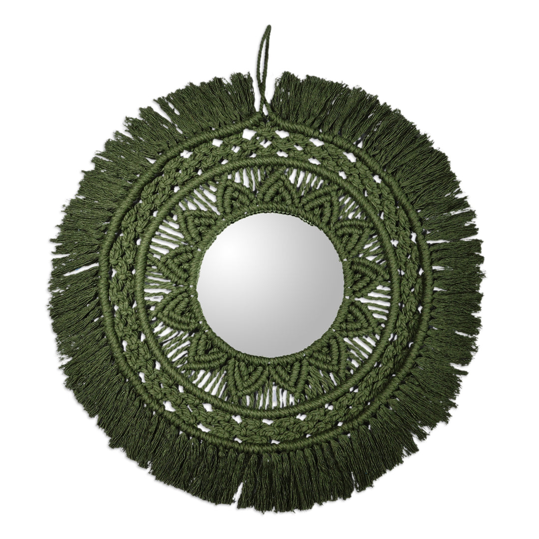 Handwoven Green Cotton Macrame Wall Accent Mirror - Portal to Harmony