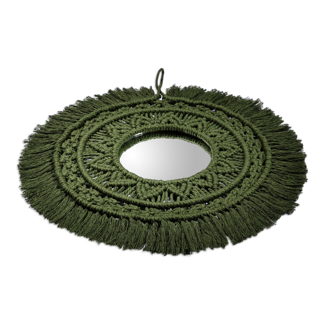 Handwoven Green Cotton Macrame Wall Accent Mirror - Portal to Harmony