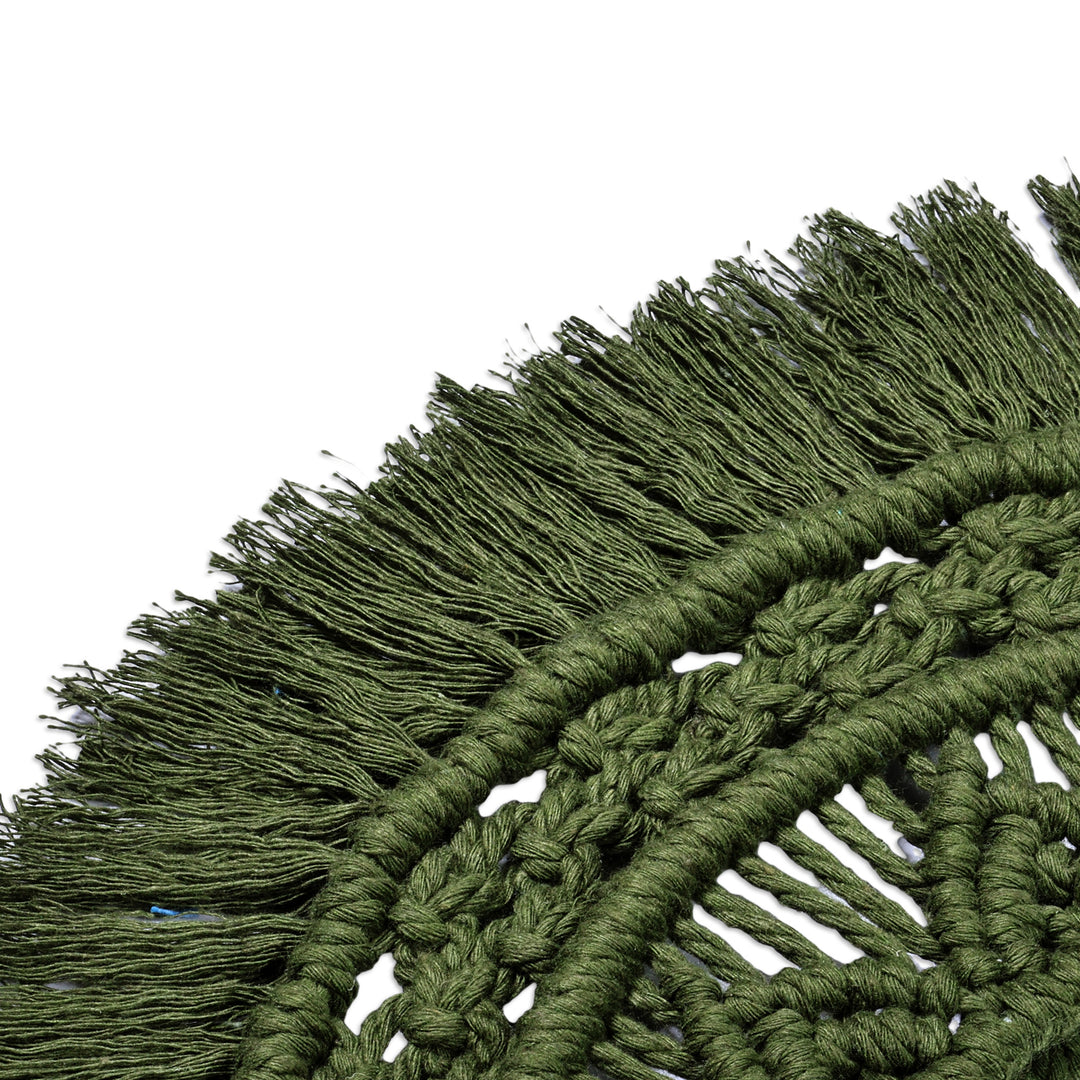 Handwoven Green Cotton Macrame Wall Accent Mirror - Portal to Harmony