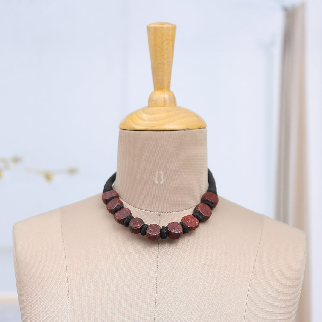 Handcrafted Maroon Haldu Wood Beaded Necklace from India - Maroon Glory