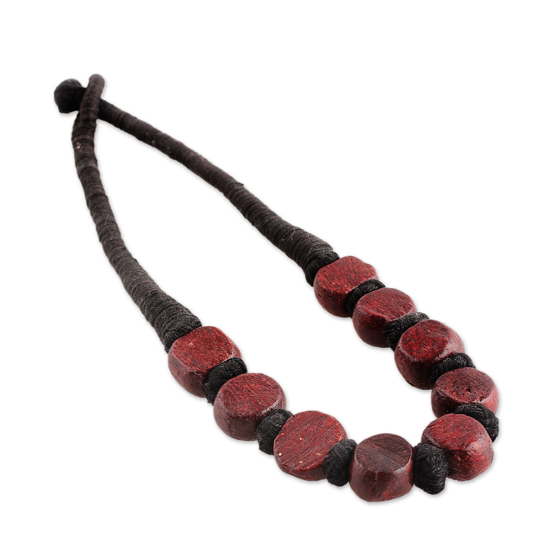 Handcrafted Maroon Haldu Wood Beaded Necklace from India - Maroon Glory