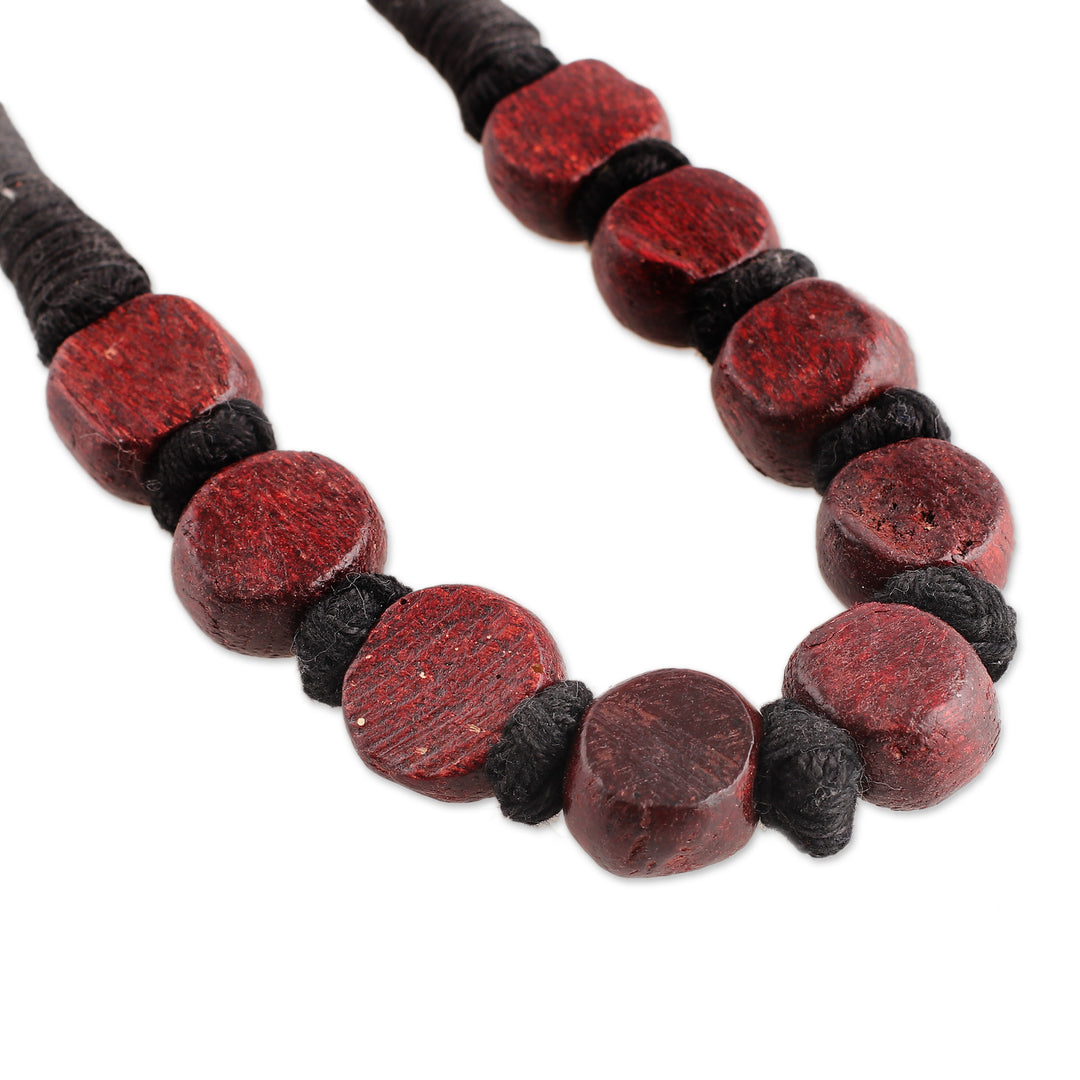 Handcrafted Maroon Haldu Wood Beaded Necklace from India - Maroon Glory