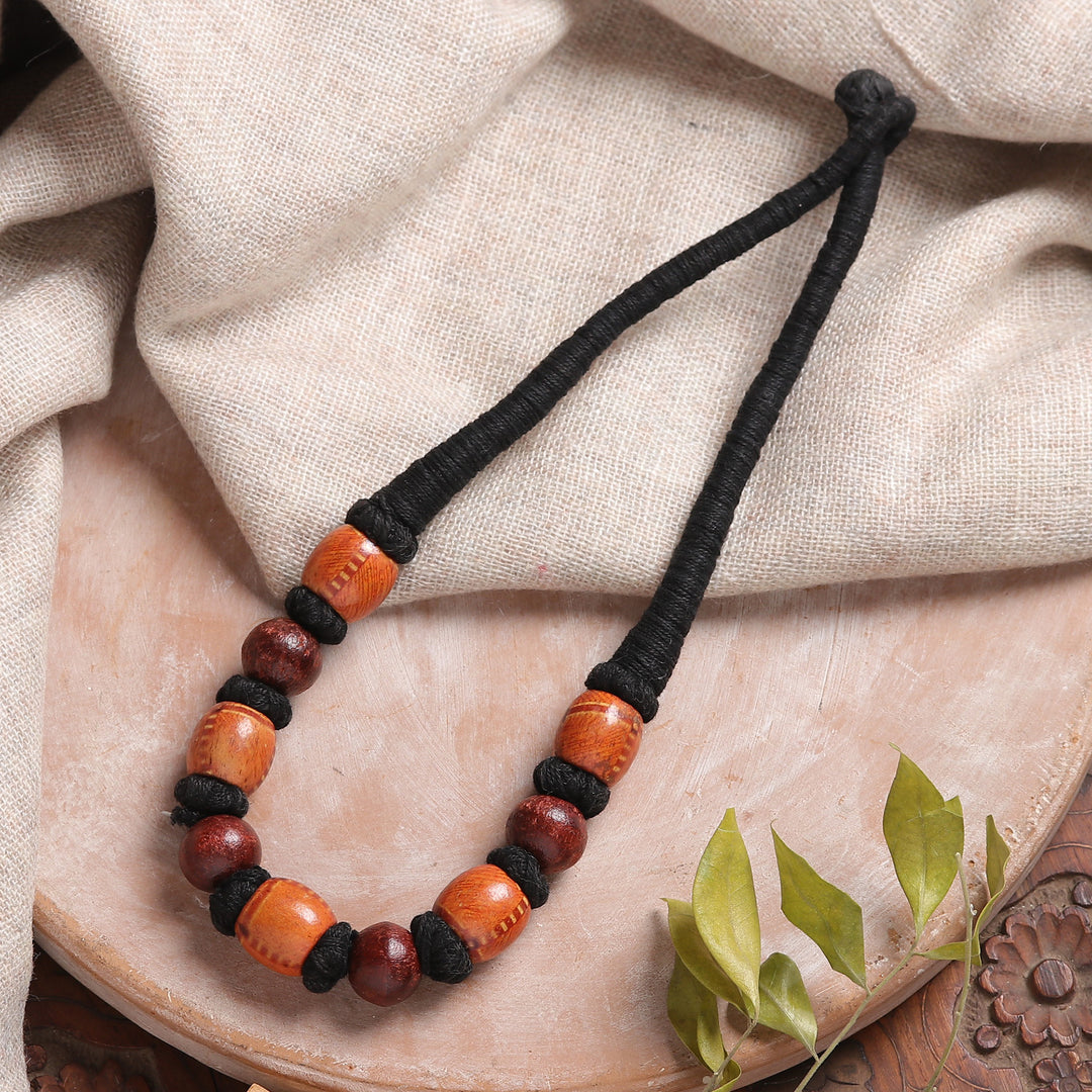 Bohemian Brown Haldu Wood Beaded Necklace with Cotton Cord - Tribal Unity