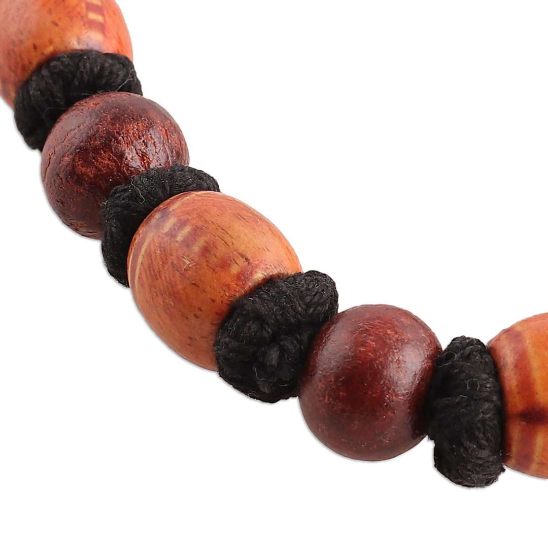 Bohemian Brown Haldu Wood Beaded Necklace with Cotton Cord - Tribal Unity
