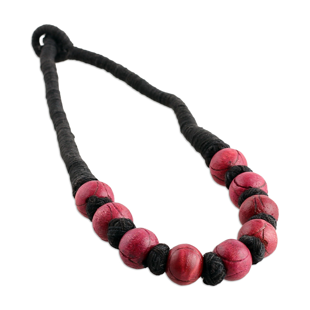 Bohemian Painted Fuchsia and Black Wood Beaded Necklace - Boho Bubbles in Fuchsia