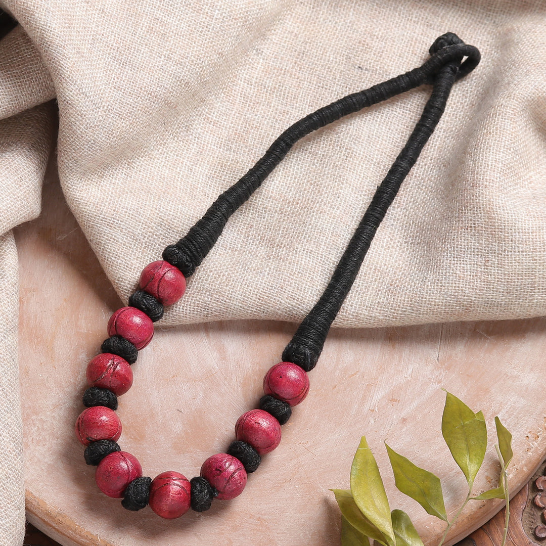 Bohemian Painted Fuchsia and Black Wood Beaded Necklace - Boho Bubbles in Fuchsia