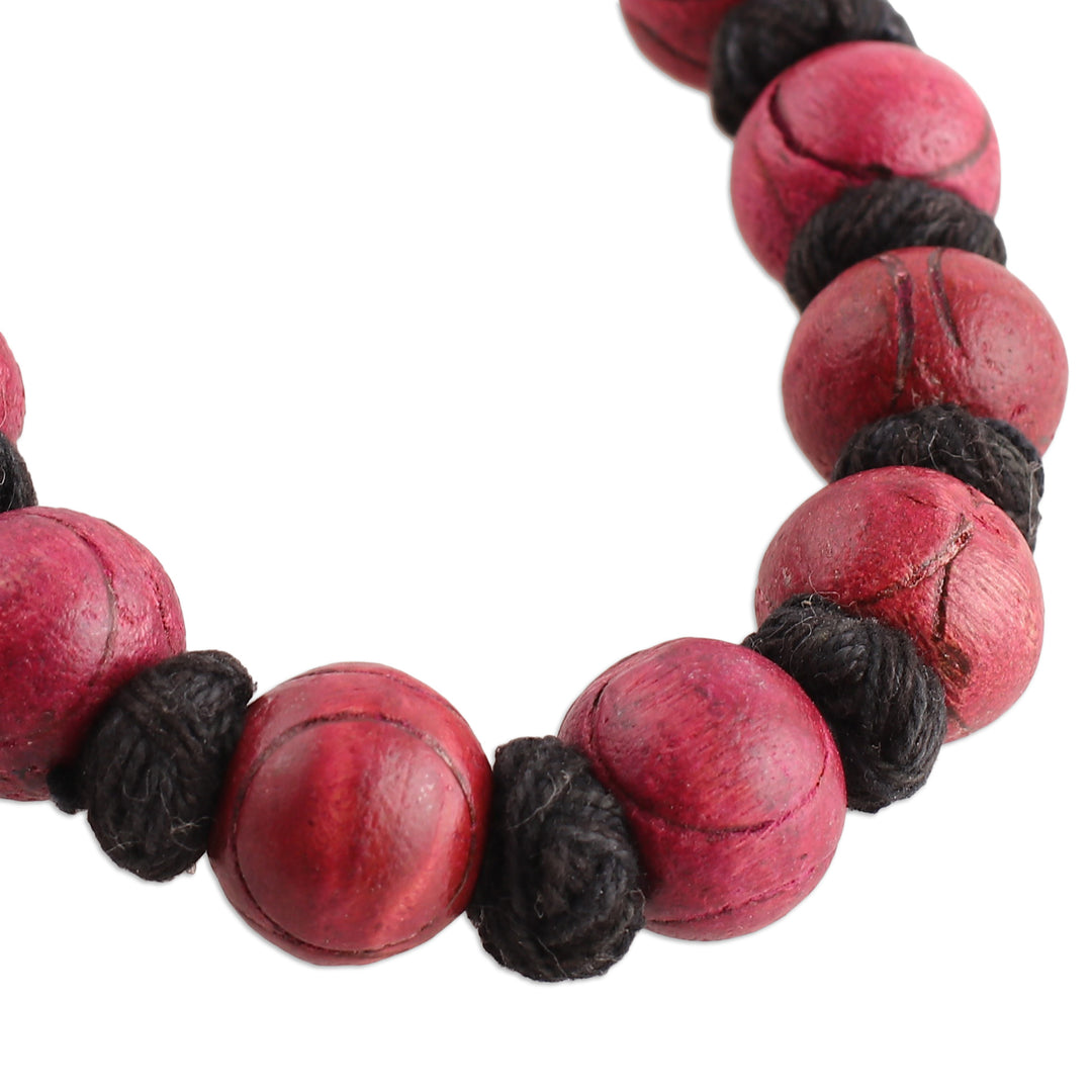 Bohemian Painted Fuchsia and Black Wood Beaded Necklace - Boho Bubbles in Fuchsia