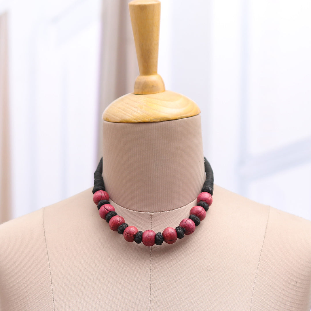 Bohemian Painted Fuchsia and Black Wood Beaded Necklace - Boho Bubbles in Fuchsia
