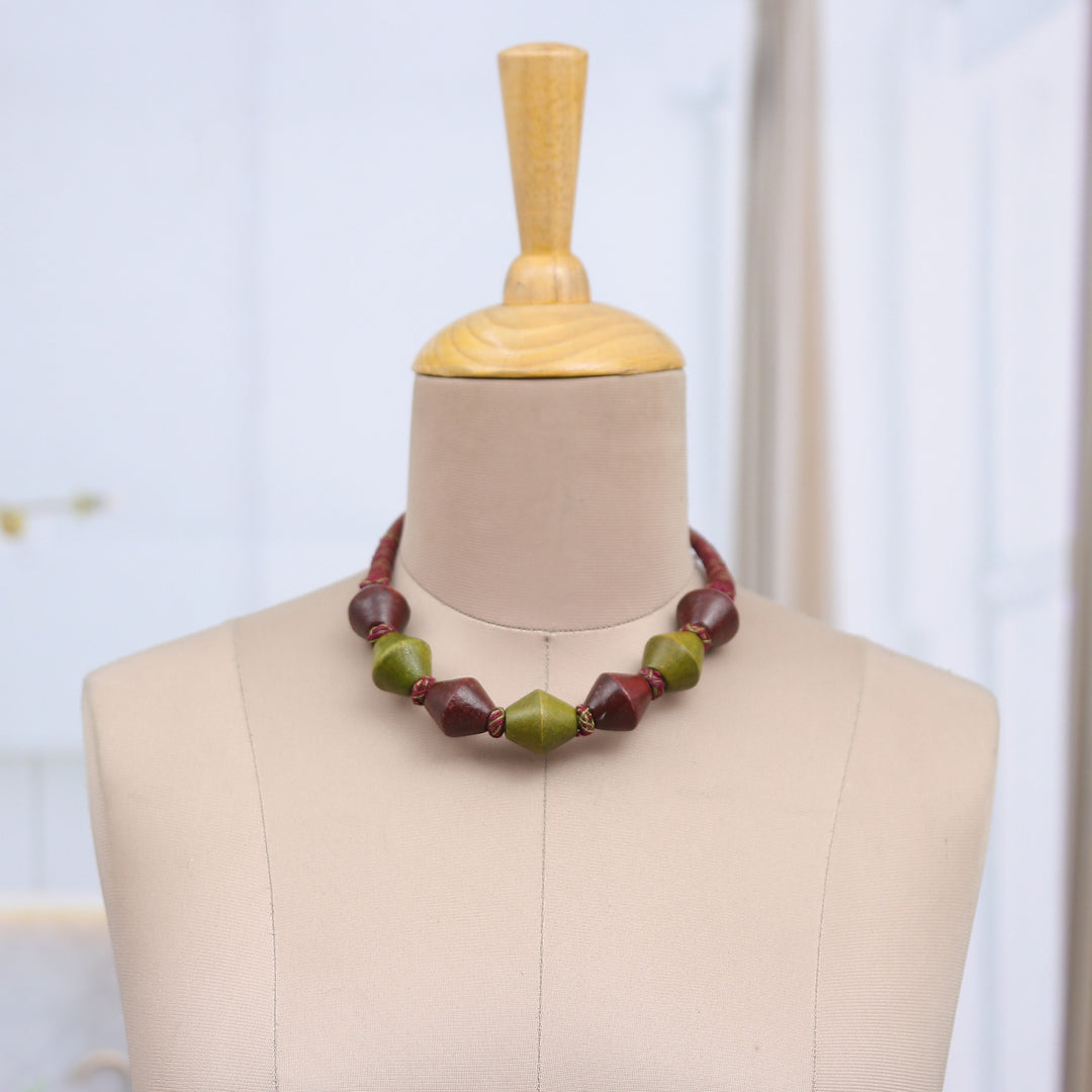 Geometric Green and Brown Haldu Wood Beaded Necklace - Tribal Dimension