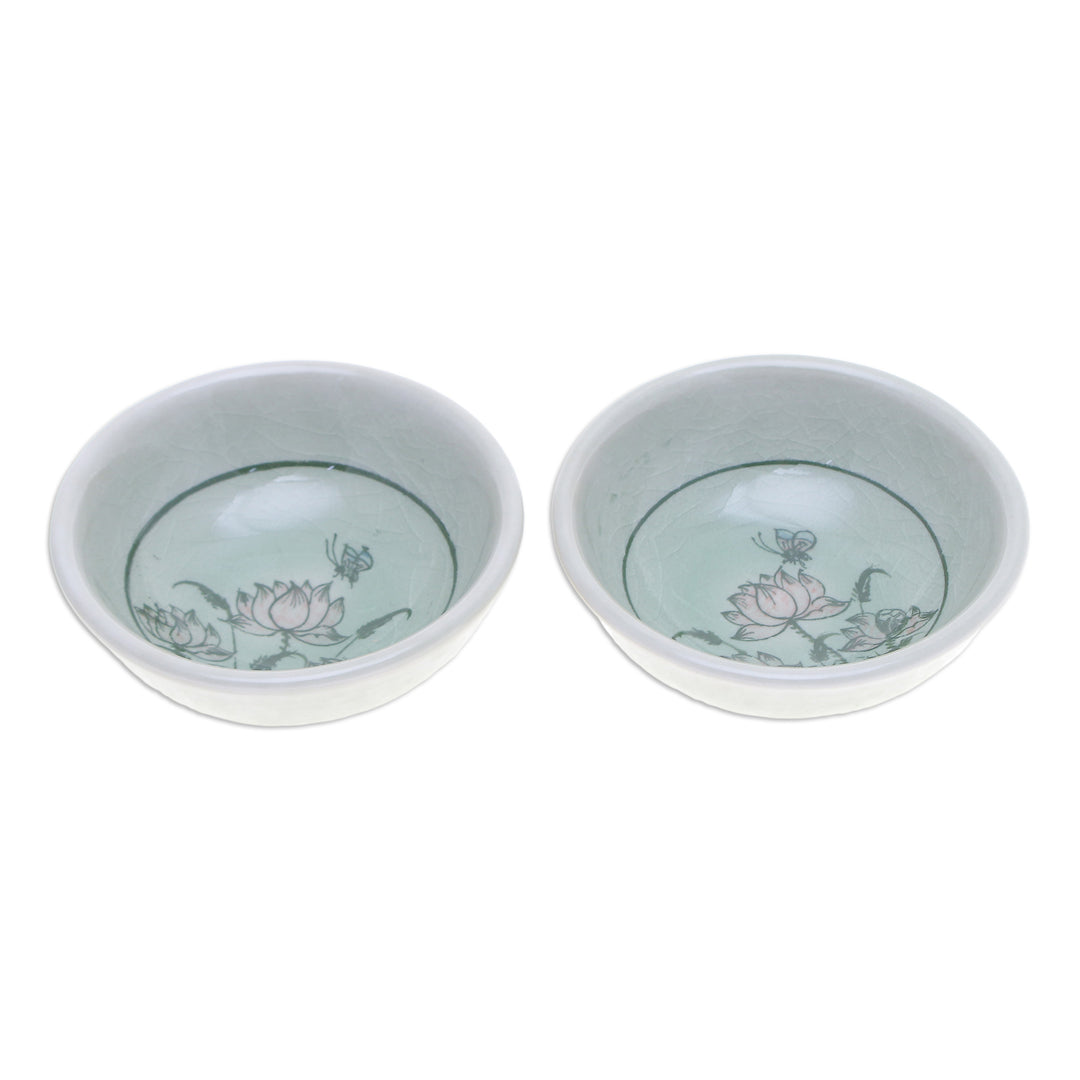 Pair of Floral Celadon Ceramic Condiment Bowls in Green - Lovely Lotus