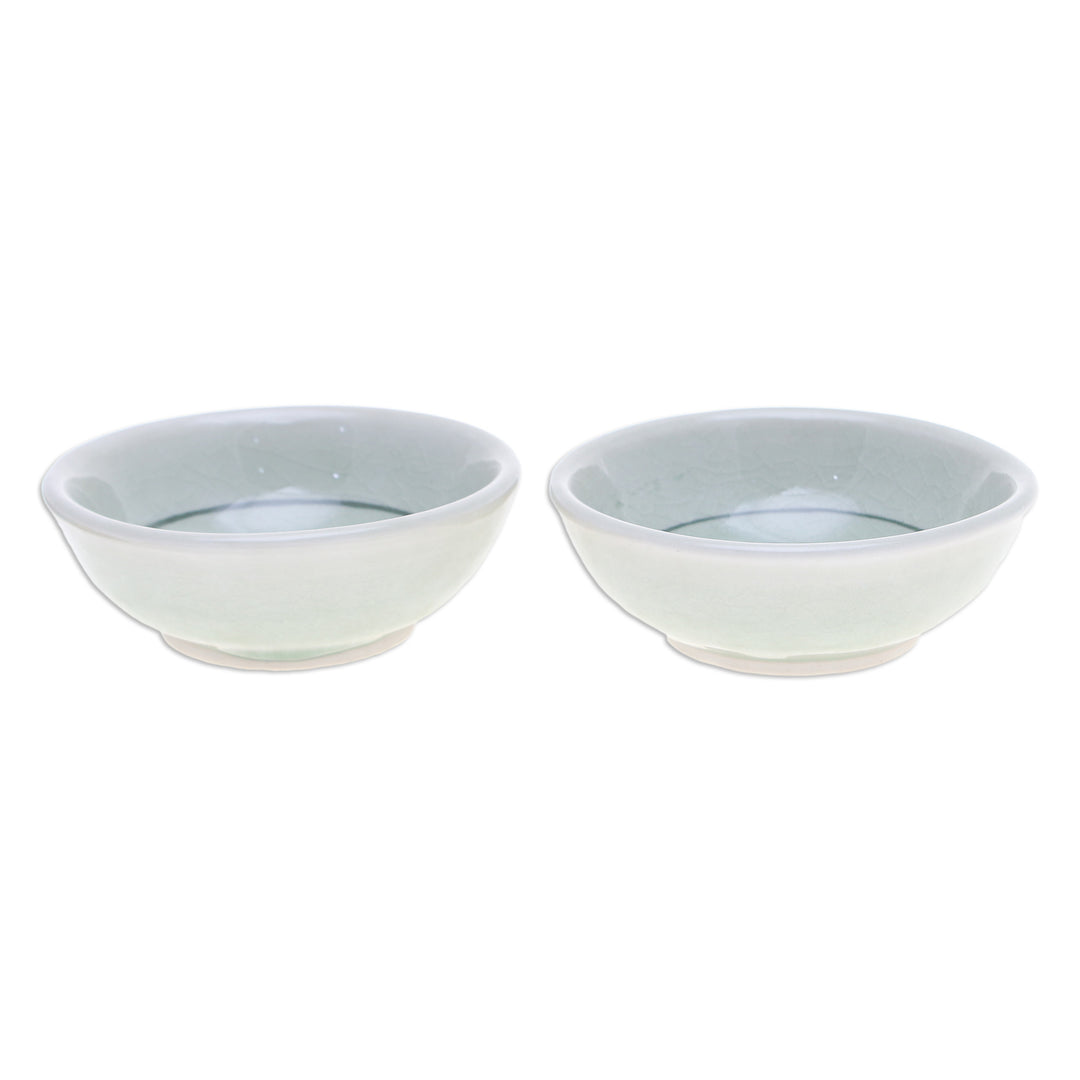 Pair of Floral Celadon Ceramic Condiment Bowls in Green - Lovely Lotus