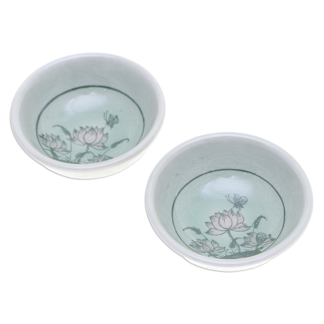 Pair of Floral Celadon Ceramic Condiment Bowls in Green - Lovely Lotus