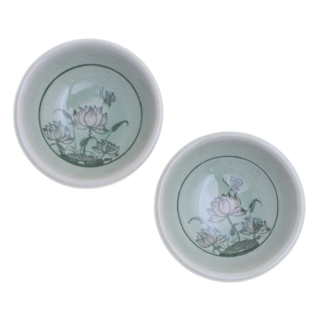 Pair of Floral Celadon Ceramic Condiment Bowls in Green - Lovely Lotus